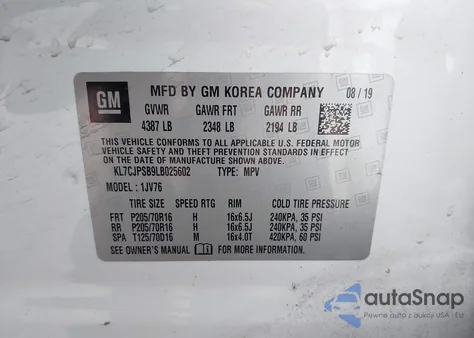 2020 Chevrolet Trax Awd Lt z USA, uszkodzony, nr VIN KL7CJPSB9LB025602